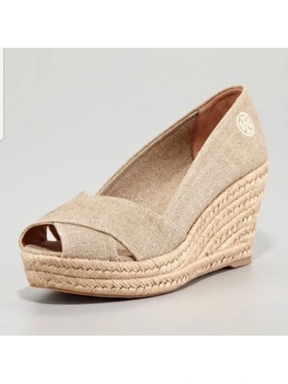 Tory Burch Filipa Gold Shimmer Beige Espadrille Wedge Peep-Toe Size 8